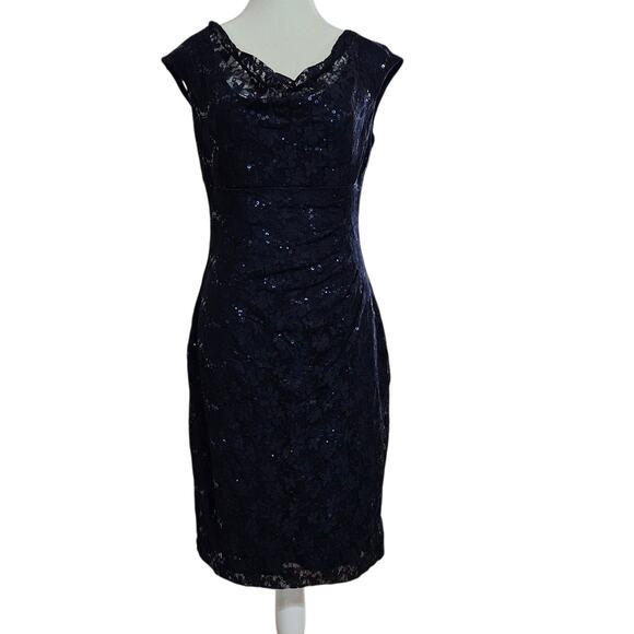Lauren Ralph Lauren Navy Sequined Lacy Cowl Neck Dress Size 6 Side Ruching - Picture 1 of 9